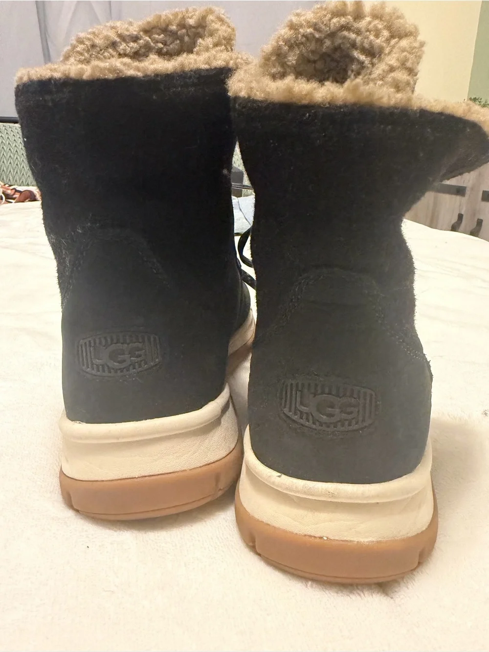 UGG Black and Tan Shearling-Lined Lace-Up Winter Boots